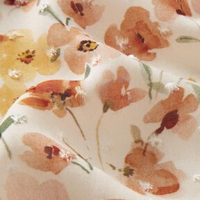 Viskosestof Dobby akvarel-blomsterknopper digitalt print – uldhvid/terracotta, 