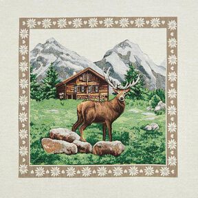 Dekorativt panelstof Gobelin hjort og bjerghytte – brun/grøn, 