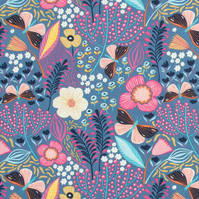 Bomuldsstof Cretonne Sommerfugle og blomster – blågrå/pink, 
