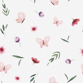 Bomuldspoplin blomster og sommerfugle – hvid, 