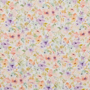 Viskosestof Dobby akvarel-blomsterhav digitalt print – elfenben/lavendel, 