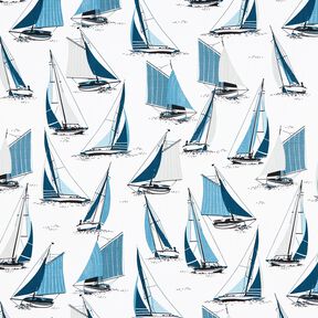 Dekorationsstof Panama sejlskibe – hvid/havblå, 